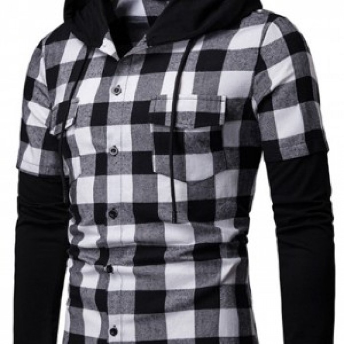 SKLS010 custom-made hooded long-sleeve plaid shirt Men's fake two-piece shirt supplier